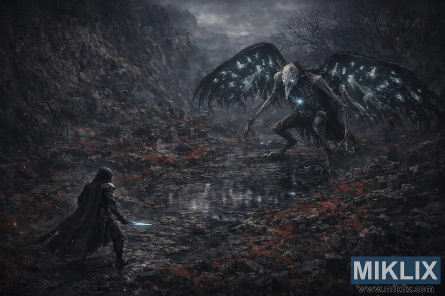 Dark fantasy painting of the Tarnished in Black Knife armor facing the towering Death Rite Bird in a misty graveyard with cliffs and ruins in the background. Dark fantasy painting of the Tarnished in Black Knife armor facing the towering Death Rite Bird in a misty graveyard with cliffs and ruins in the background.