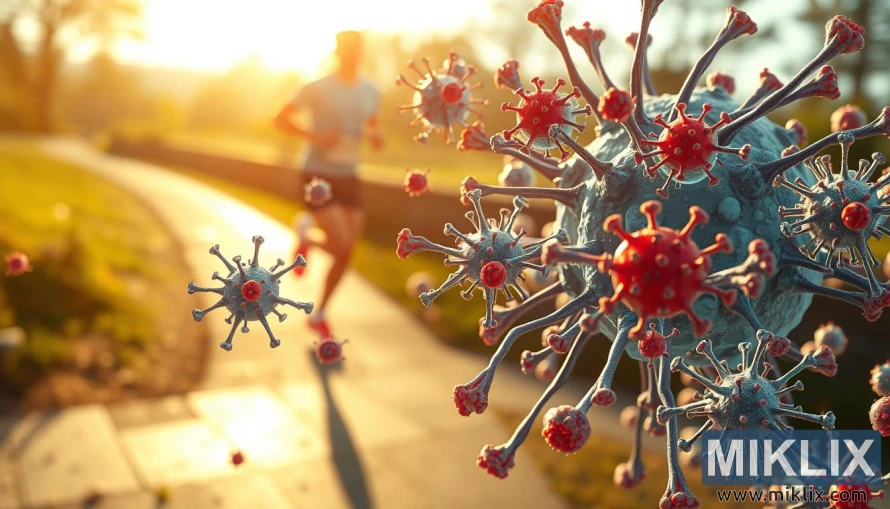 Իմունային բջիջների և մարմինը պաշտպանող ցիտոկինների նկարազարդում՝ ֆոնին վազող պատկերով։