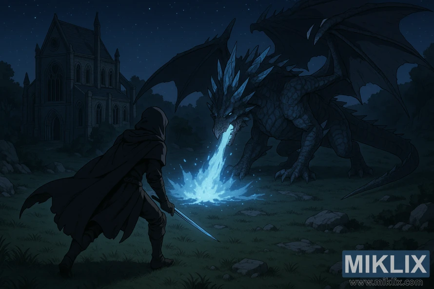 Isometric anime-style view of the Tarnished in Black Knife armor seen from behind, facing Glintstone Dragon Adula as it breathes blue glintstone magic near the Cathedral of Manus Celes at night.