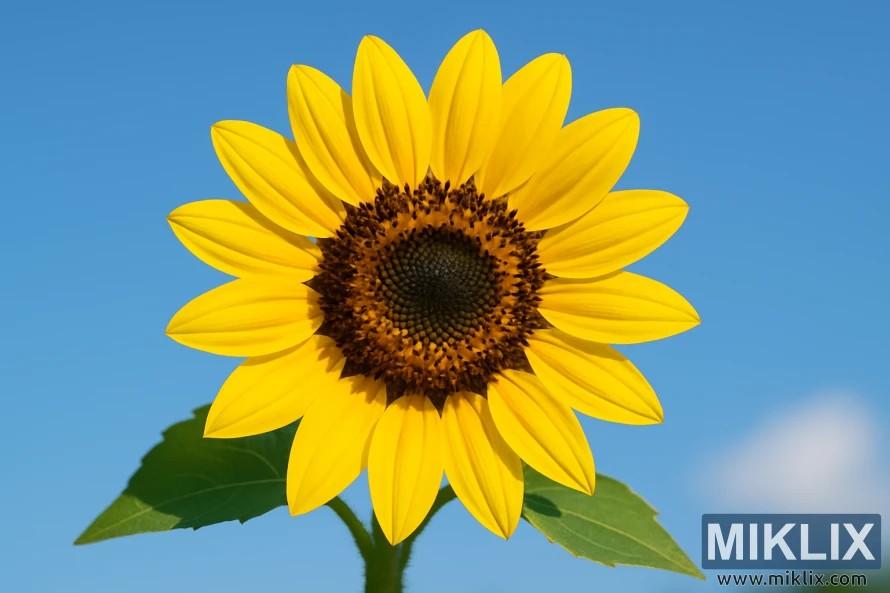 Nahaufnahme einer Elfen-Sonnenblume mit leuchtend gelben Blütenblättern und dunkler Mitte vor einem klaren blauen Sommerhimmel. Nahaufnahme einer Elfen-Sonnenblume mit leuchtend gelben Blütenblättern und dunkler Mitte vor einem klaren blauen Sommerhimmel.