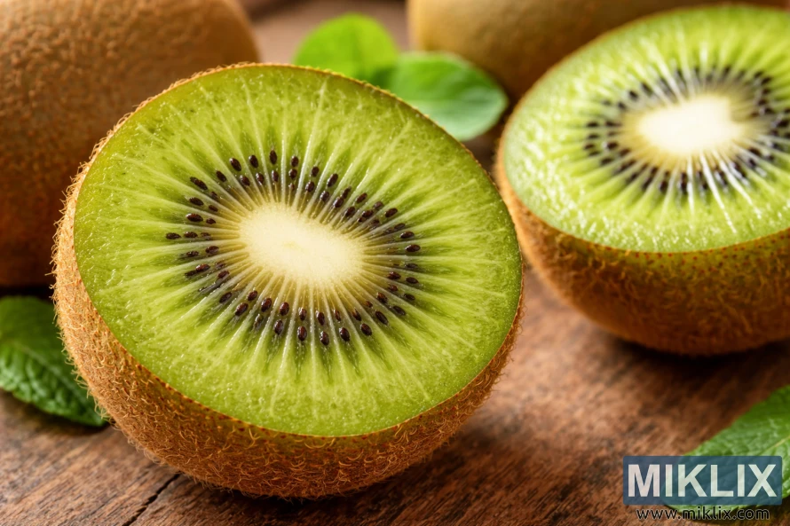 Close-up of a cut kiwifruit with bright green flesh and a ring of fully developed black seeds indicating proper harvest maturity. Close-up of a cut kiwifruit with bright green flesh and a ring of fully developed black seeds indicating proper harvest maturity.
