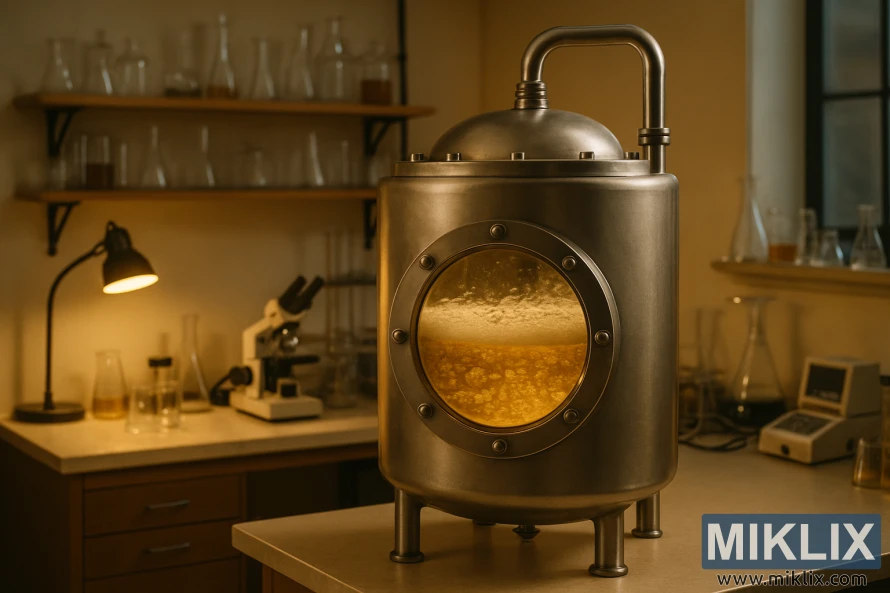 Un rezervor de fermentație din oțel inoxidabil cu o fereastră de sticlă care arată barbotarea activă, amplasat într-un laborator confortabil cu echipamente științifice în fundal. Un rezervor de fermentație din oțel inoxidabil cu o fereastră de sticlă care arată barbotarea activă, amplasat într-un laborator confortabil cu echipamente științifice în fundal.