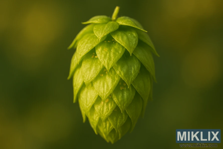 Un prim-plan detaliat al unui con de hamei Banner cu bractee verzi ca hârtie și glande lupuline vizibile, strălucind sub lumina caldă a soarelui pe un fundal neclar.