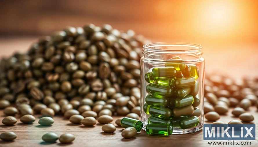 لکڑی کی سطح پر سبز کافی بینز اور سپلیمنٹ کیپسول کا کلوز اپ۔ لکڑی کی سطح پر سبز کافی بینز اور سپلیمنٹ کیپسول کا کلوز اپ۔