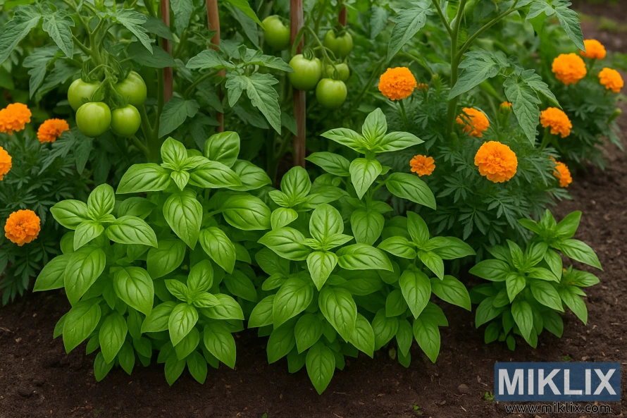 Trädgårdsbädd med friska basilikaplantor som växer tillsammans med tomatplantor och ljusorange ringblommor. Trädgårdsbädd med friska basilikaplantor som växer tillsammans med tomatplantor och ljusorange ringblommor.