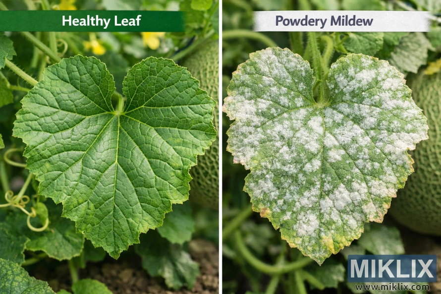 Krahasim krah për krah i një gjetheje të shëndetshme të gjelbër pjepri dhe një gjetheje të prekur nga myku pluhur që tregon njolla të bardha kërpudhore.