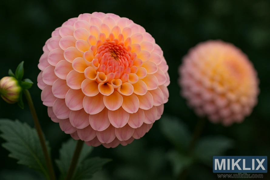 Close-up of a Jowey Winnie dahlia with coral, yellow, and blush petals.