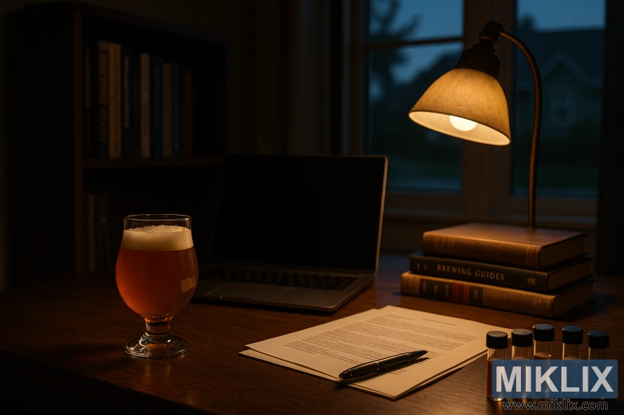 A dimly lit home office with a warm desk lamp illuminating a laptop, brewing guides, documents, and a glass of craft beer on a wooden desk.