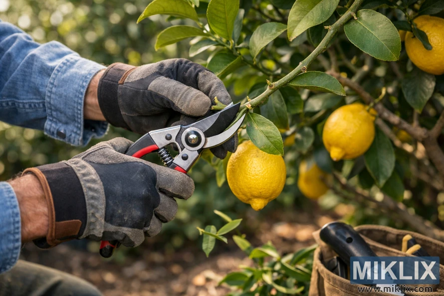 Người làm vườn đeo găng tay tỉa cành cây chanh bằng kéo sắc, cắt ngay phía trên một chồi non trong khi những quả chanh chín mọng treo gần đó.