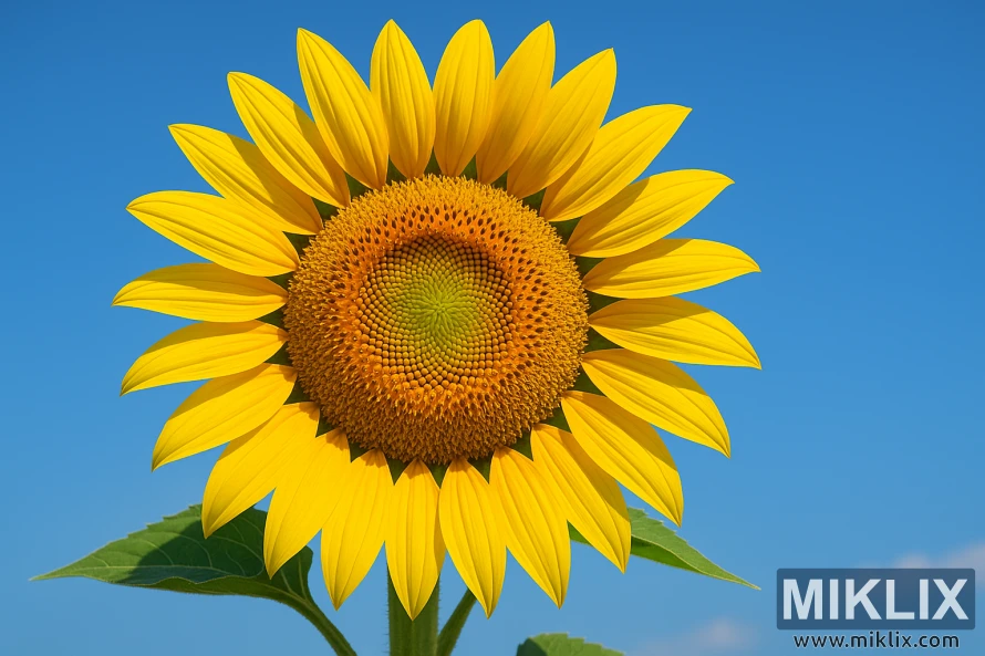Nahaufnahme einer leuchtenden American Giant Hybrid-Sonnenblume mit goldenen Blütenblättern und einer detaillierten Spiralmitte vor einem strahlend blauen Sommerhimmel. Nahaufnahme einer leuchtenden American Giant Hybrid-Sonnenblume mit goldenen Blütenblättern und einer detaillierten Spiralmitte vor einem strahlend blauen Sommerhimmel.