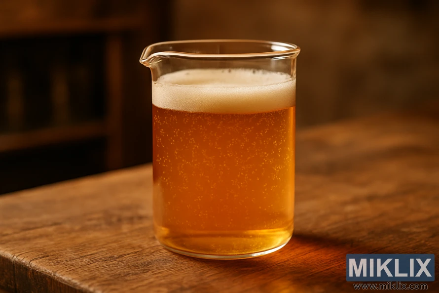 دہاتی لکڑی کی سطح پر سنہری چمکدار مائع سے بھرا ہوا شفاف شیشے کا بیکر، نرمی سے گرم سروں سے روشن۔