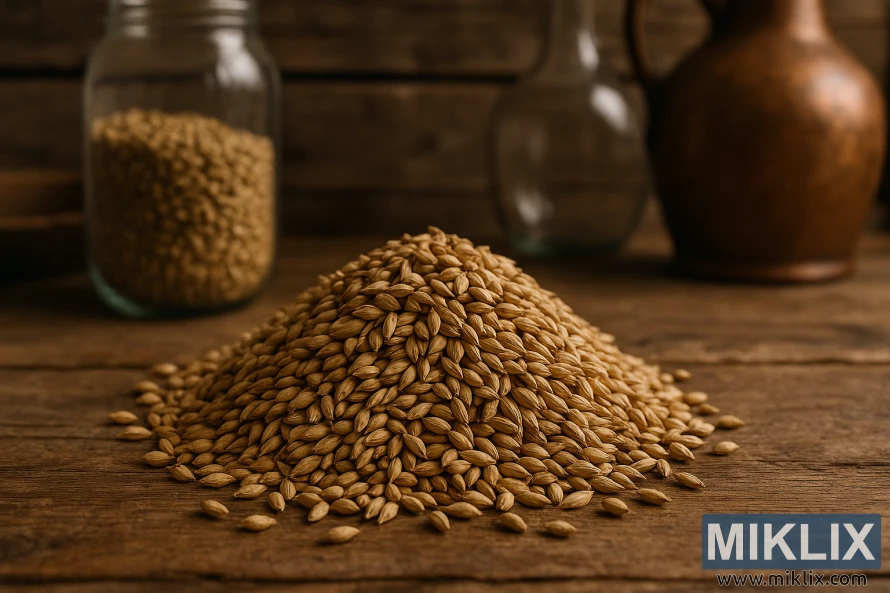 Krupni plan male hrpe sladnih zrna pale ale piva na drvenom stolu sa zamućenom opremom za kućno pivovarstvo u pozadini.