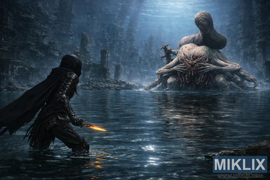 Anime-style fan art showing the Tarnished from behind in shallow water facing the massive Metyr, Mother of Fingers, within the wide, flooded Finger Ruins of Miyr. Anime-style fan art showing the Tarnished from behind in shallow water facing the massive Metyr, Mother of Fingers, within the wide, flooded Finger Ruins of Miyr.