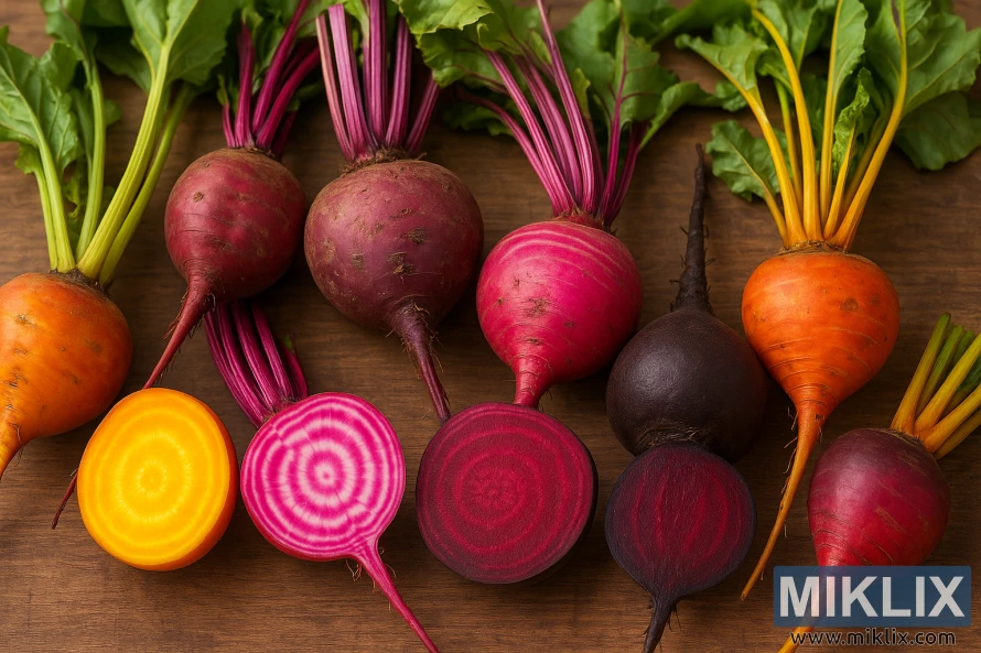 A variety of colorful beets, both whole and sliced, displayed on a wooden surface. A variety of colorful beets, both whole and sliced, displayed on a wooden surface.