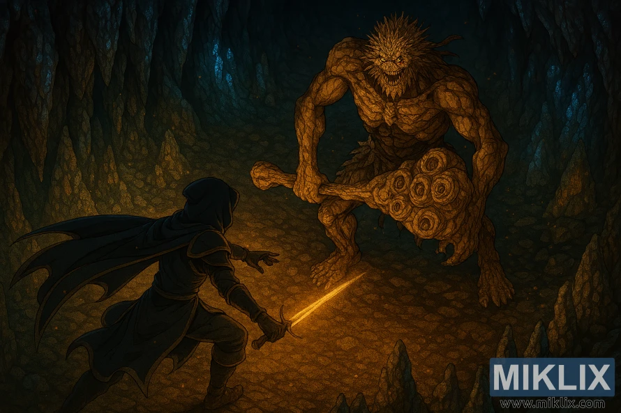 एल्डेन रिङको पुरानो अल्टस टनेलमा स्टोनडिगर ट्रोलसँग लड्दै गरेको टार्निश्ड इन ब्ल्याक नाइफ आर्मरको आइसोमेट्रिक एनिमे-शैलीको फ्यान आर्ट