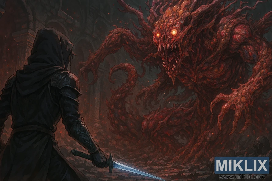 Anime-style image of the Tarnished in Black Knife armor facing the Putrid Tree Spirit in Elden Ring's War-Dead Catacombs Anime-style image of the Tarnished in Black Knife armor facing the Putrid Tree Spirit in Elden Ring's War-Dead Catacombs