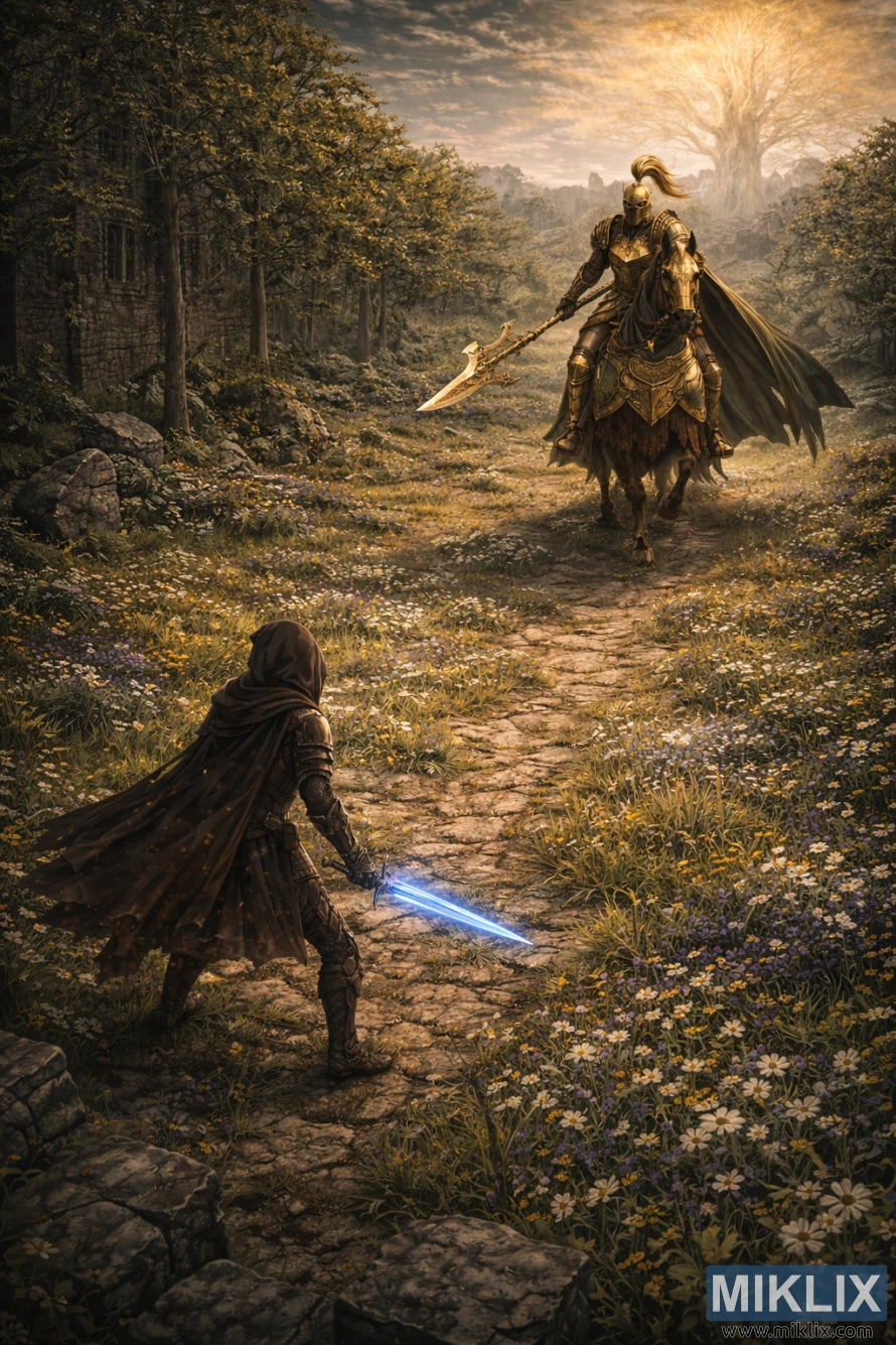 Isometric fantasy scene showing the Tarnished with a glowing blue sword facing a towering Tree Sentinel on horseback wielding a golden halberd along a meadow path.