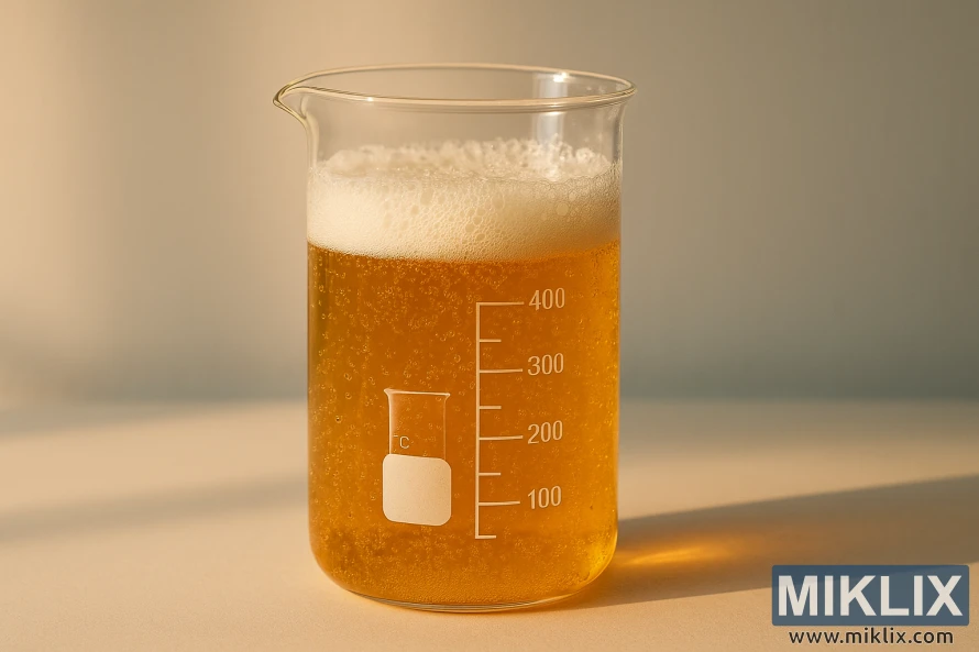 Թափանցիկ ապակե բաժակ՝ լցված ոսկեգույն փրփրուն հեղուկով՝ տաք մինիմալիստական ֆոնի վրա։