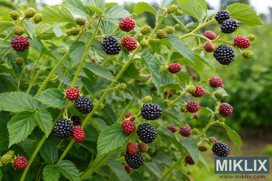 Prinokusios ir neprinokusios gervuogės, augančios ant pirmamečių primocanų stiebų vešliame sode Prinokusios ir neprinokusios gervuogės, augančios ant pirmamečių primocanų stiebų vešliame sode