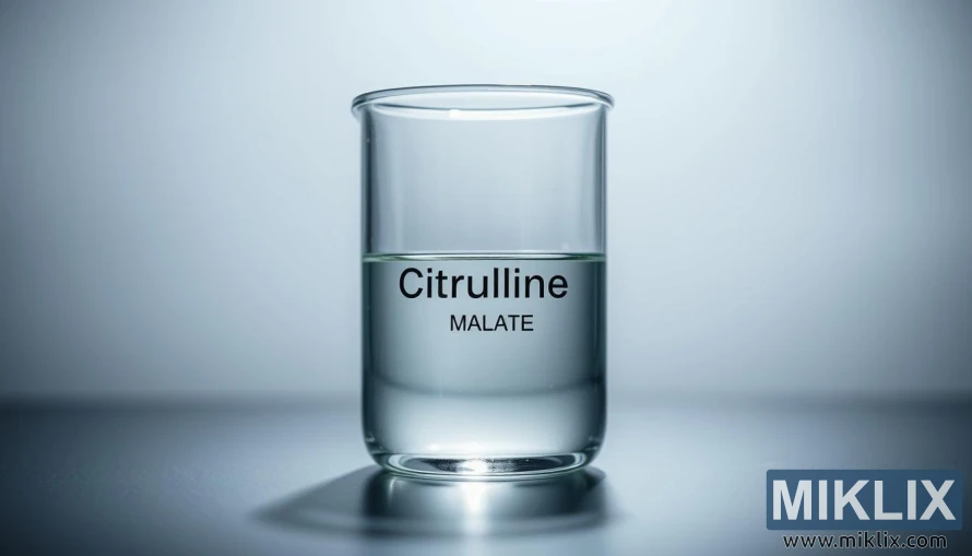 Glasbeker met helder sitrullienmalaatoplossing op 'n weerkaatsende metaaloppervlak.