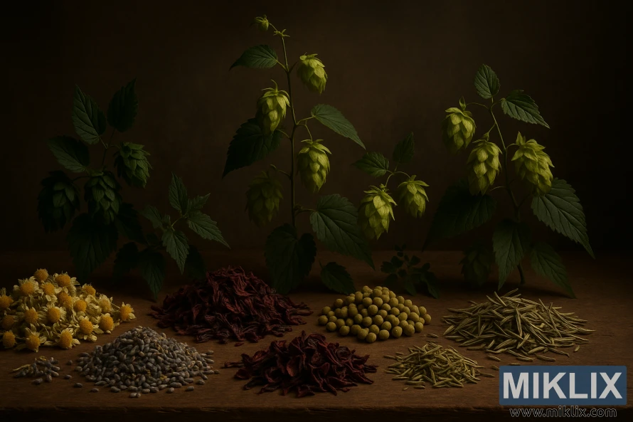 Tihožitje zelišč, suhega cvetja in hmeljevih storžev, razporejenih na temnem, zemeljskem ozadju.