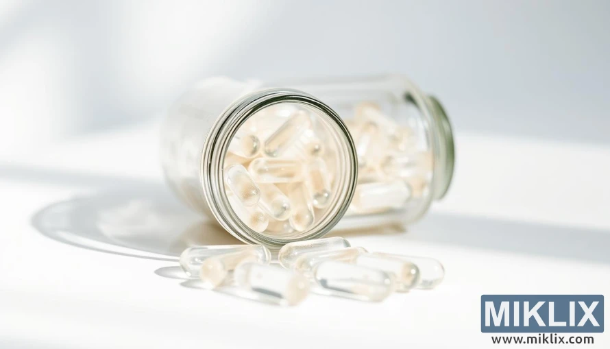 સફેદ સપાટી પર સ્ફટિકીય એલ-ટાર્ટ્રેટ પૂરવણીઓની કાચની બોટલ. સફેદ સપાટી પર સ્ફટિકીય એલ-ટાર્ટ્રેટ પૂરવણીઓની કાચની બોટલ.