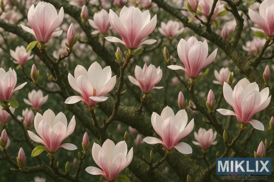 Magnolia tree in full bloom with pink and white flowers in soft light.