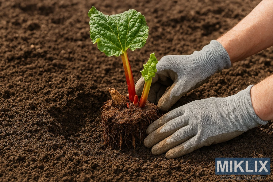 Hands planting a rhubarb crown into freshly tilled garden soil Hands planting a rhubarb crown into freshly tilled garden soil