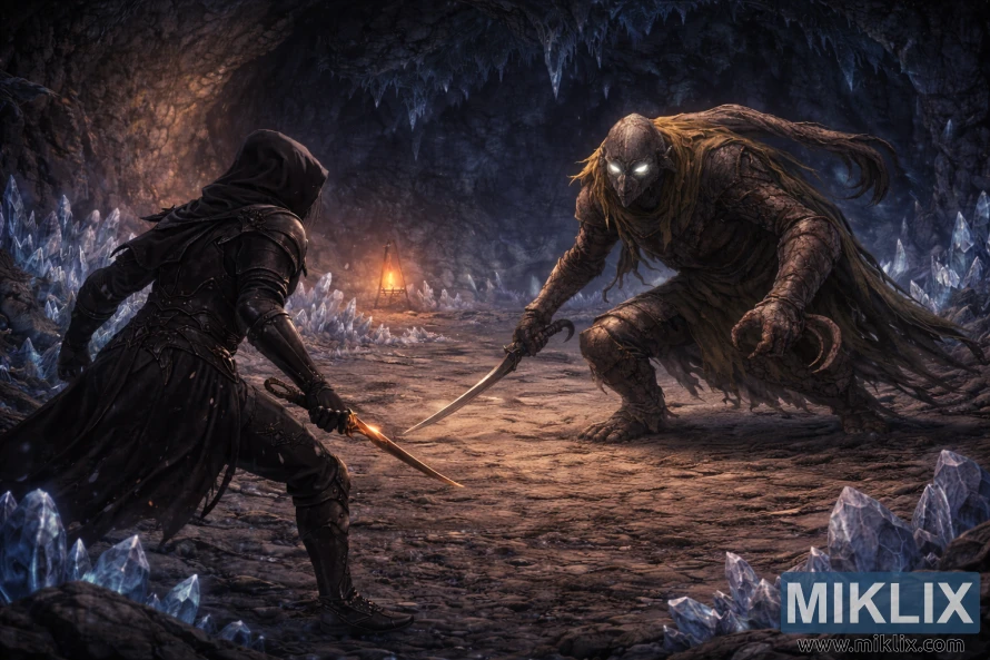 Realistic fantasy scene showing the Tarnished in Black Knife armor facing the Bloodhound Knight inside a crystal-filled cave just before combat.