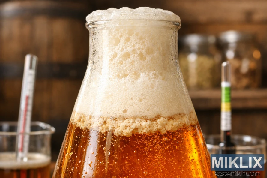 బుడగలు కక్కుతున్న ఆంబర్ బీర్ మరియు మందపాటి తెల్లటి నురుగుతో నిండిన గాజు కిణ్వ ప్రక్రియ ఫ్లాస్క్ యొక్క క్లోజప్, బ్రూయింగ్ టూల్స్ మరియు నేపథ్యంలో మృదువుగా అస్పష్టంగా ఉన్న ఒక గ్రామీణ బ్రూవరీ. బుడగలు కక్కుతున్న ఆంబర్ బీర్ మరియు మందపాటి తెల్లటి నురుగుతో నిండిన గాజు కిణ్వ ప్రక్రియ ఫ్లాస్క్ యొక్క క్లోజప్, బ్రూయింగ్ టూల్స్ మరియు నేపథ్యంలో మృదువుగా అస్పష్టంగా ఉన్న ఒక గ్రామీణ బ్రూవరీ.