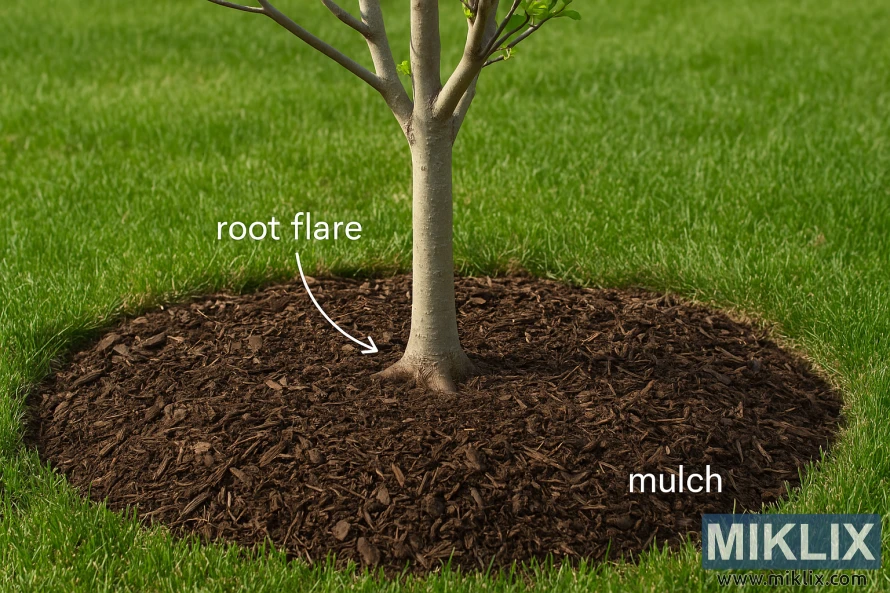 Arbre de cornejo plantat correctament amb una flamarada d'arrels visible i un anell de coberta vegetal que mostra la tècnica de plantació adequada.