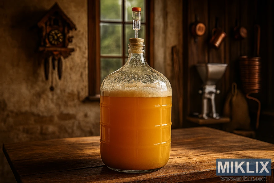 Karbohidrat qelqi me hefeweizen që fermentohet në një tavolinë druri në një ambient rustik gjerman për birrë shtëpiake Karbohidrat qelqi me hefeweizen që fermentohet në një tavolinë druri në një ambient rustik gjerman për birrë shtëpiake