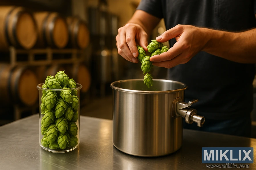 Glass beaker ng Huell Melon hops na may brewer na nagdaragdag ng mga hop sa makintab na stainless steel kettle. Glass beaker ng Huell Melon hops na may brewer na nagdaragdag ng mga hop sa makintab na stainless steel kettle.