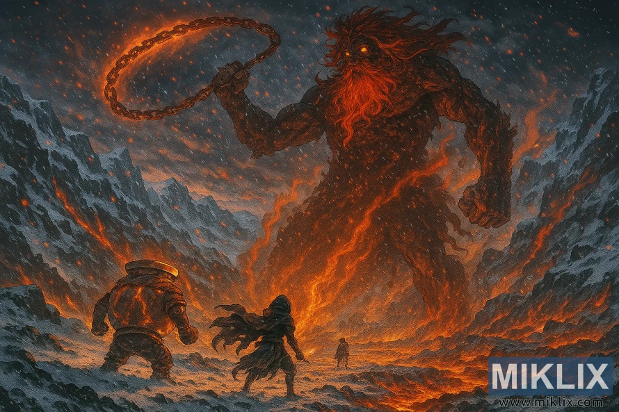 눈 덮인 화산 전장에서 거대한 불의 거인과 마주한 알렉산더 대왕과 검은 칼 암살자를 묘사한 애니메이션 스타일의 영화 작품입니다. 눈 덮인 화산 전장에서 거대한 불의 거인과 마주한 알렉산더 대왕과 검은 칼 암살자를 묘사한 애니메이션 스타일의 영화 작품입니다.