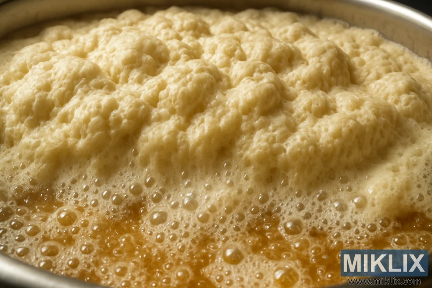 Qalın, qaymaqlı krausen və yüksələn qabarcıqları göstərən fermentasiya edən pivə qabının yaxından görünüşü. Qalın, qaymaqlı krausen və yüksələn qabarcıqları göstərən fermentasiya edən pivə qabının yaxından görünüşü.