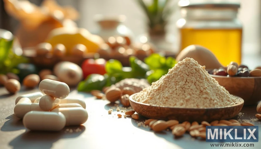 Close-up of glucomannan capsules with blurred fruits, vegetables, and nuts in the background.