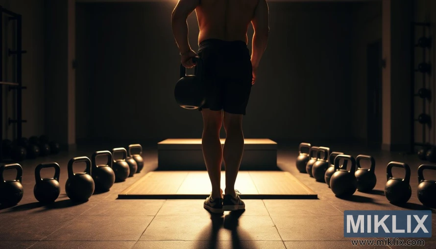 Personne exécutant une charnière de hanche avec kettlebell dans un gymnase faiblement éclairé avec des ombres chaudes. Personne exécutant une charnière de hanche avec kettlebell dans un gymnase faiblement éclairé avec des ombres chaudes.