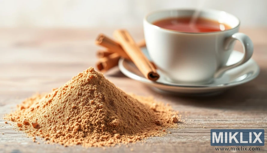 Gambar jarak dekat serbuk kayu manis dengan secawan teh yang mengukus dan batang kayu manis di atas kayu. Gambar jarak dekat serbuk kayu manis dengan secawan teh yang mengukus dan batang kayu manis di atas kayu.