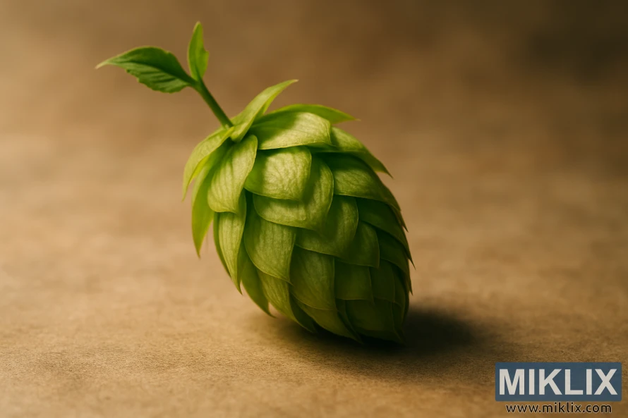 Sveže obran zelen hmeljev storž z nežnimi listi, mehko osvetljen na toplem zamegljenem ozadju.