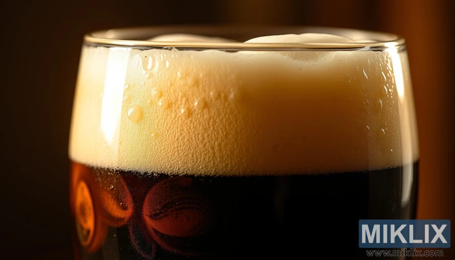 Glass stekt byggøl med tett kremet hode og dyp mahognifarge i varmt lys.