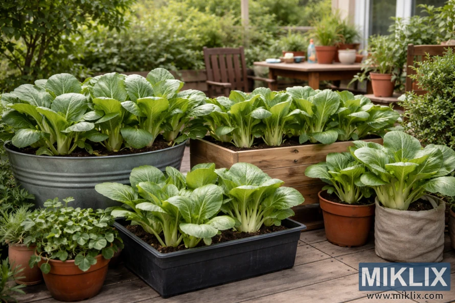 Bok choy-planter vokser med suksess i forskjellige beholdere på en solfylt treterrasse med grøntområder og utemøbler i bakgrunnen. Bok choy-planter vokser med suksess i forskjellige beholdere på en solfylt treterrasse med grøntområder og utemøbler i bakgrunnen.