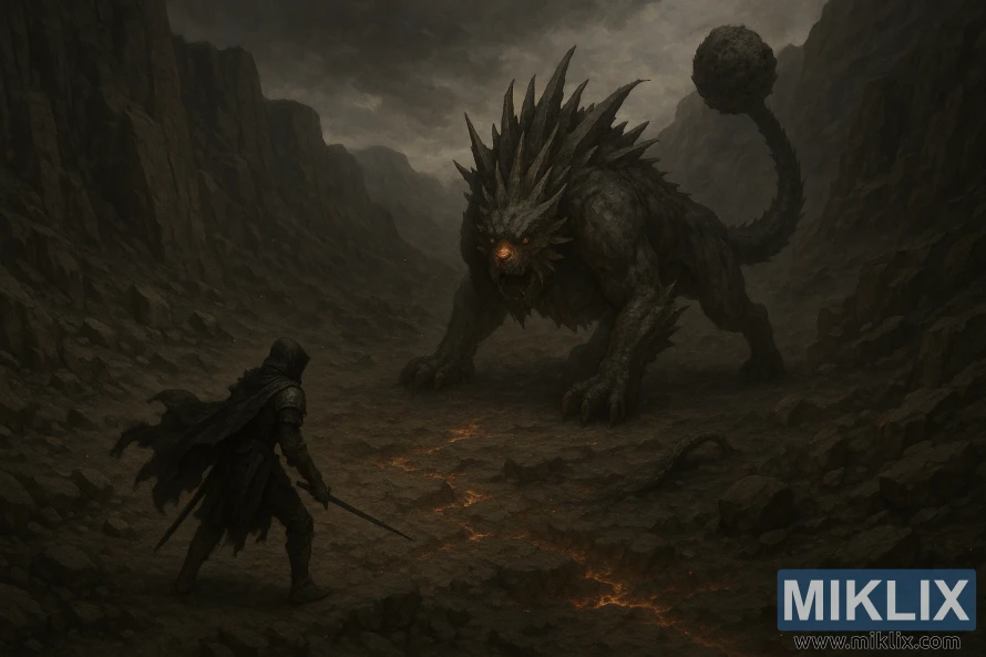 Isometric dark-fantasy scene of a Tarnished confronting the Full-Grown Fallingstar Beast in the rocky volcanic cliffs of Mount Gelmir.