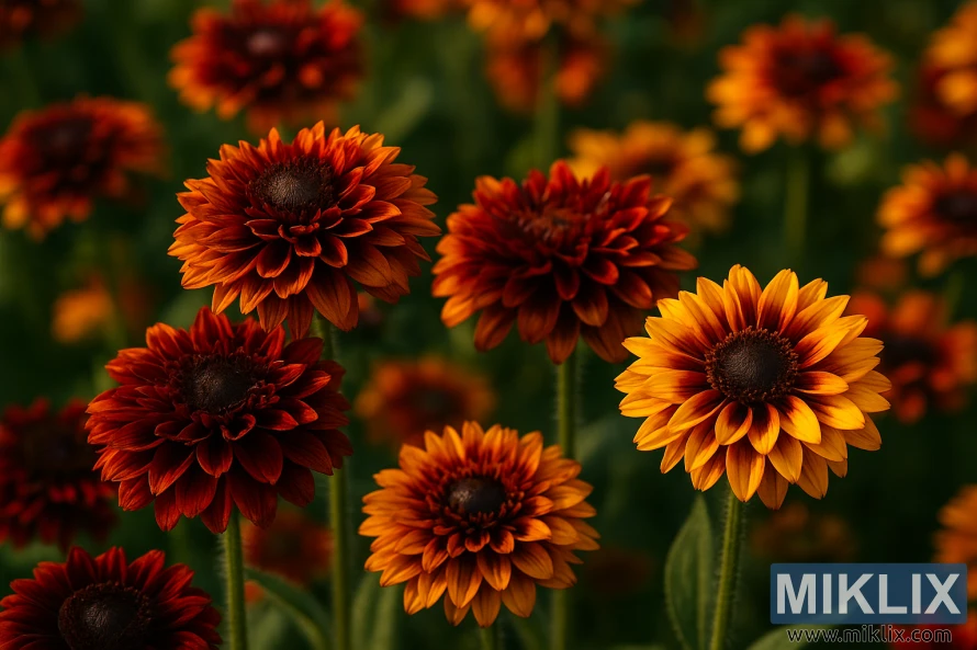 Close-up of Rudbeckia ‘Cherokee Sunset’ with rich mahogany, red, orange, and yellow double flowers glowing in summer sunlight. Close-up of Rudbeckia ‘Cherokee Sunset’ with rich mahogany, red, orange, and yellow double flowers glowing in summer sunlight.