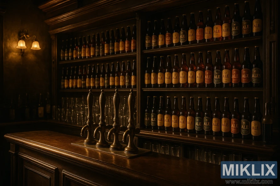 Dunkelt upplyst pub med en ekbar, mässingspumpar och hyllor fyllda med ölflaskor. Dunkelt upplyst pub med en ekbar, mässingspumpar och hyllor fyllda med ölflaskor.