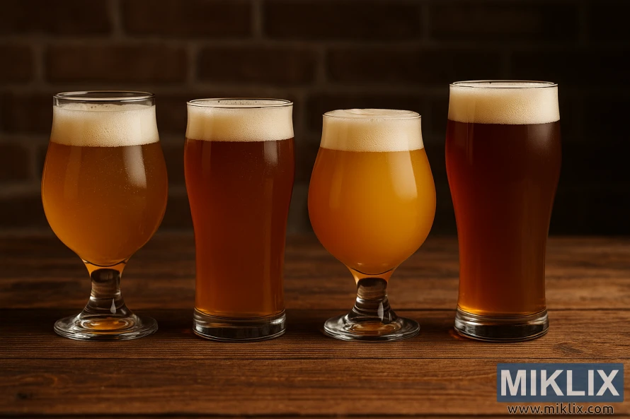 Neljä erilaista IPA-olutta erillisissä laseissa maalaismaisella puupöydällä, värit vaalean kultaisesta utuisen oranssiin ja syvän meripihkan sävyihin.