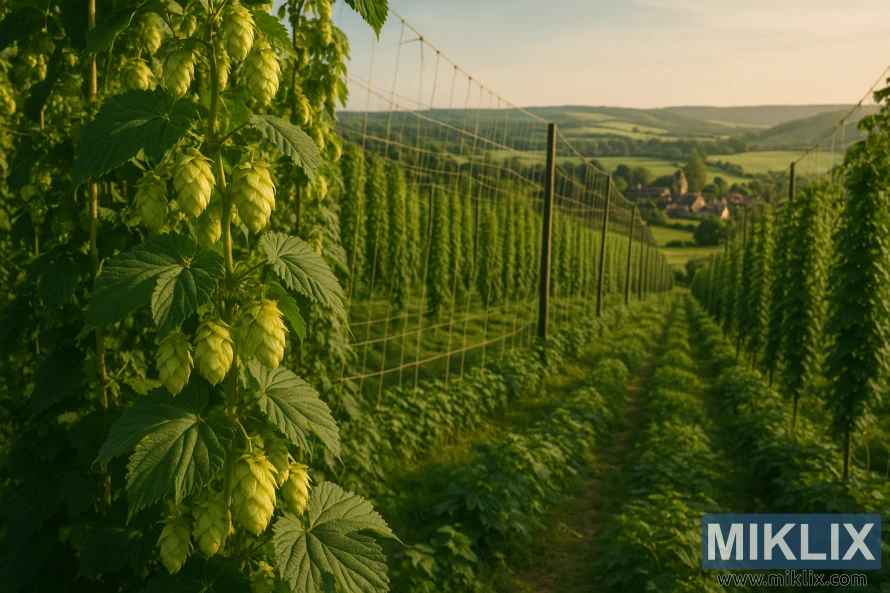 ఆకుపచ్చని బైన్స్, వివరణాత్మక హాప్ పువ్వులు, ట్రేల్లిస్లు మరియు కొండల మధ్య సుదూర గ్రామంతో సూర్యకాంతితో వెలిగే సస్సెక్స్ హాప్ ఫీల్డ్. ఆకుపచ్చని బైన్స్, వివరణాత్మక హాప్ పువ్వులు, ట్రేల్లిస్లు మరియు కొండల మధ్య సుదూర గ్రామంతో సూర్యకాంతితో వెలిగే సస్సెక్స్ హాప్ ఫీల్డ్.