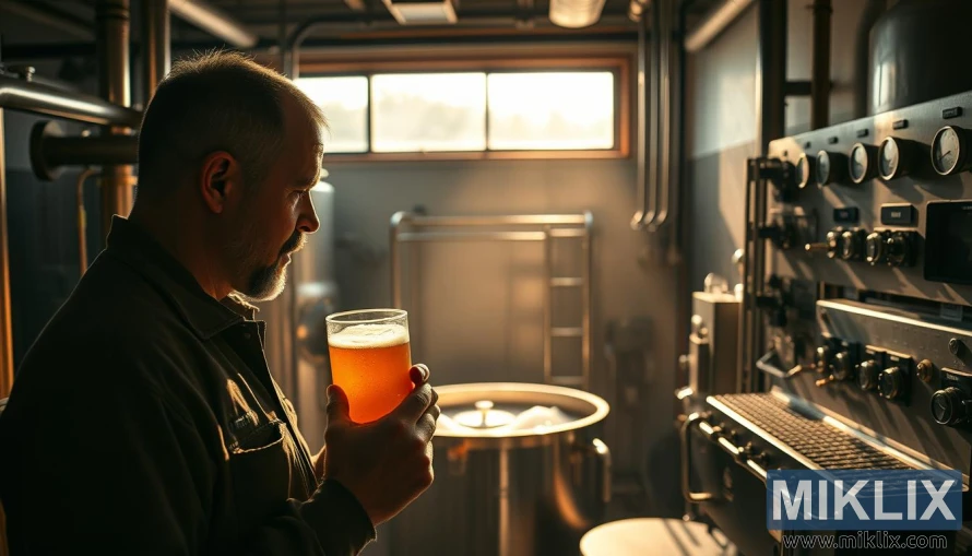 Brygger undersøker et glass pilsnervæske i et svakt opplyst bryggeri med utstyr og kontrollpaneler.