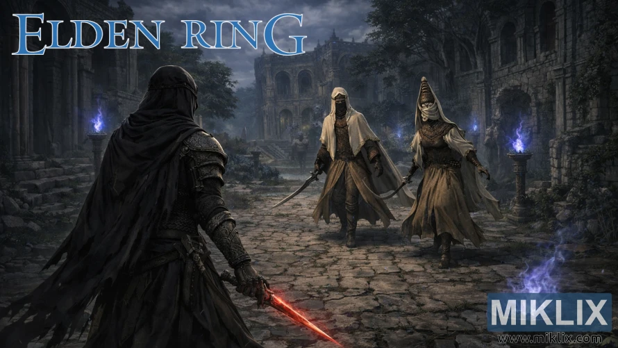 Fan art of Elden Ring battle in Sellia featuring Black Knife armor versus Nox Swordstress and Monk