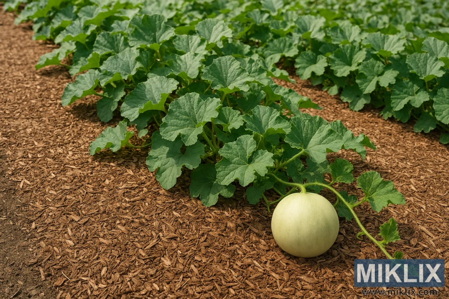 Honeydew melon plants growing in a mulched garden bed with healthy green leaves and visible fruit Honeydew melon plants growing in a mulched garden bed with healthy green leaves and visible fruit