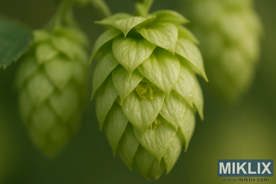 Makronærbilde av ferske Saaz-humlekegler med blekgrønn farge og harpiksholdige lupulinkjertler.